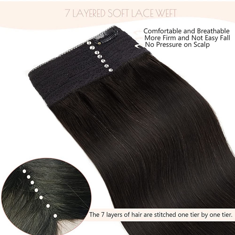 18” Jet Black #1 Fish Wire Halo 100% Human Hair Extensions 95g 1pc Item#GA - Picture 12 of 16